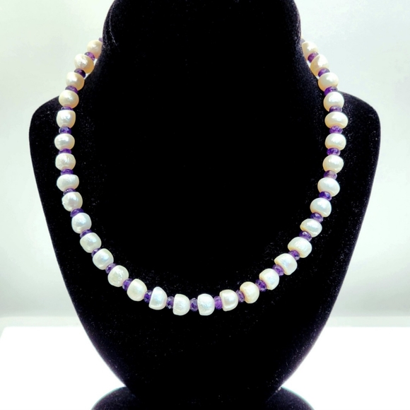 REAL Baroque Pearl and Amethyst Necklace with Sterling Silver Adjustable Li… - Picture 1 of 7